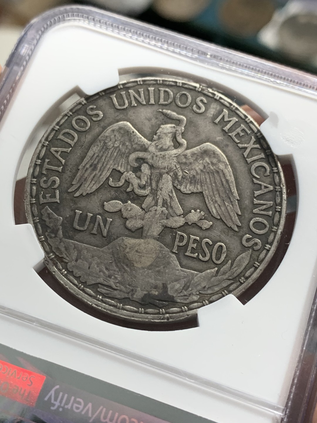 《竞宝斋》第85场-本周日，周一2场连拍（全场不限金额包邮） NGC XF 墨西哥 1910年 1比索 骑马鹰洋 原味包浆 不错收藏