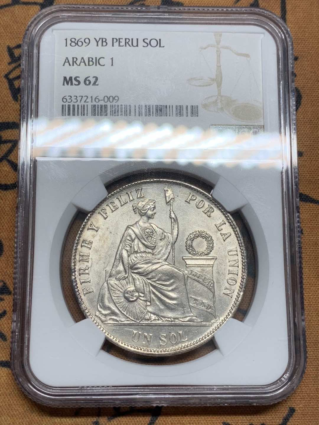 《竞宝斋》第85场-本周日，周一2场连拍（全场不限金额包邮） NGC MS62 秘鲁1869年坐人女神1SOL大银币阿拉伯1字版