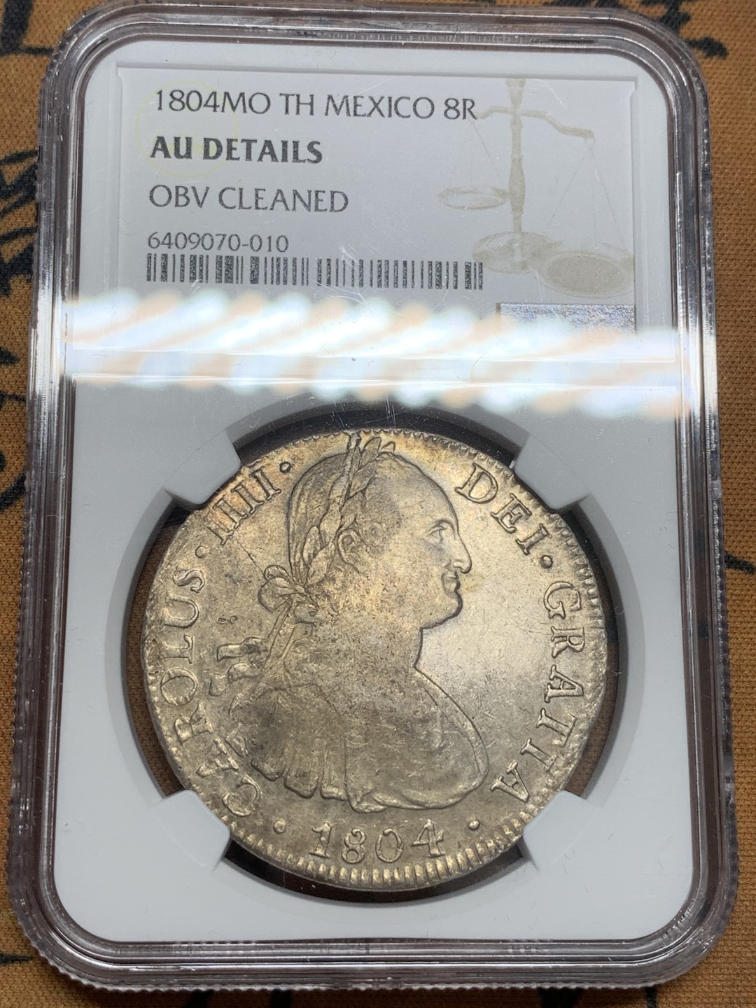 《竞宝斋》第85场-本周日，周一2场连拍（全场不限金额包邮） NGC AU 墨西哥 1804年 卡四 8R双柱大银币 深打细节 性价比不错