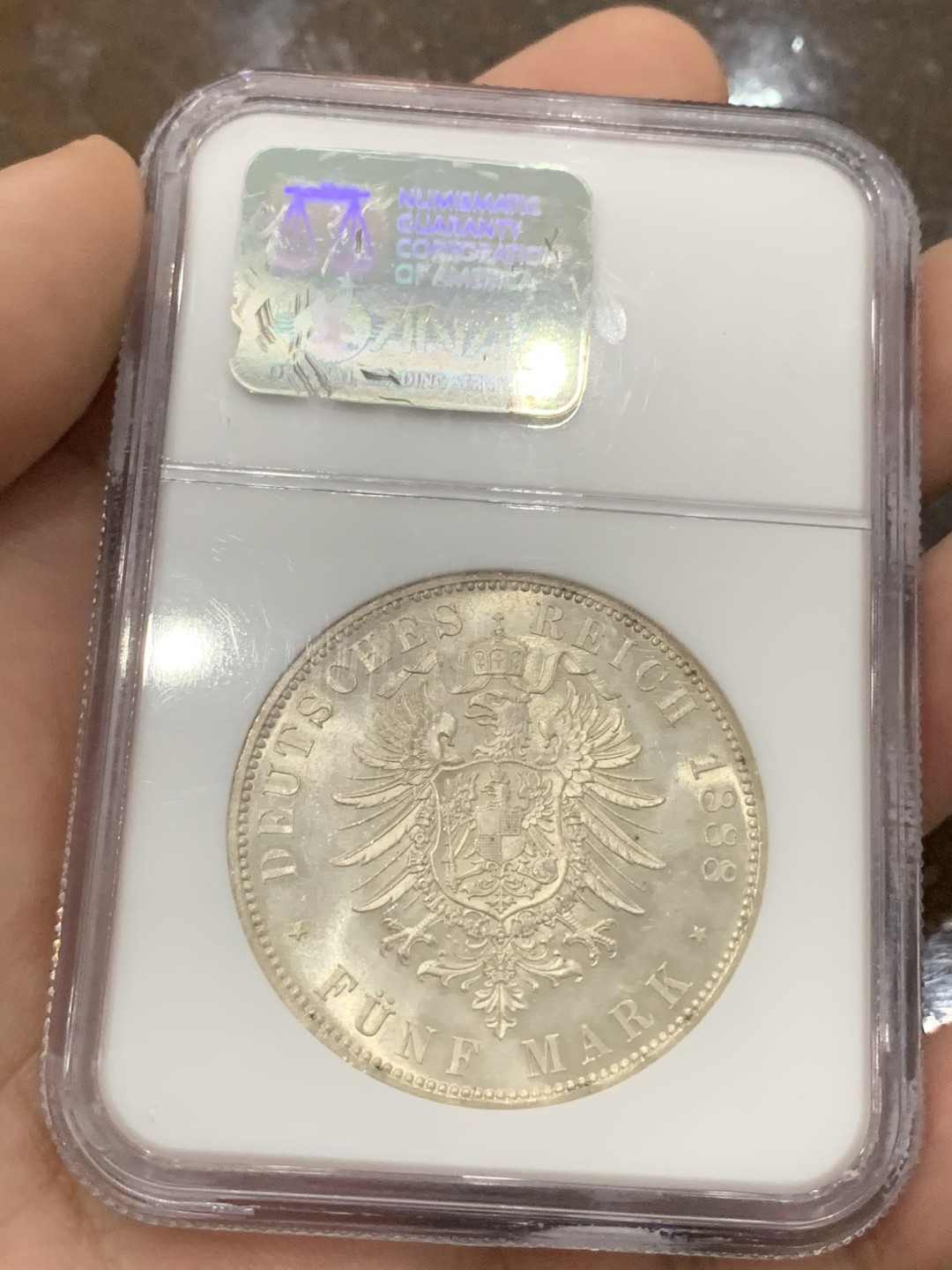 《竞宝斋》第85场-本周日，周一2场连拍（全场不限金额包邮） NGC MS63 德国 1888年 普鲁士 马克弗里德里希三世 三皇5马克银币 N老盒 状态非常好