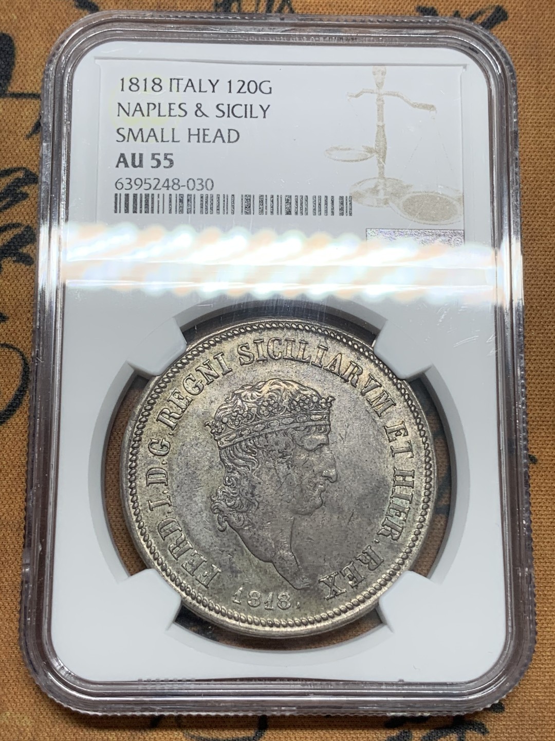 《竞宝斋》第85场-本周日，周一2场连拍（全场不限金额包邮） NGC-AU55 早期意大利那不勒斯120G，1818年小头版本，打制极佳，同时期打得好的少，包浆厚重略有银光，细节清晰，好品少见！