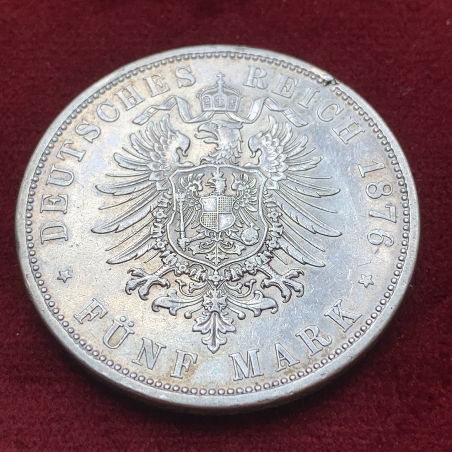 《竞宝斋》第85场-本周日，周一2场连拍（全场不限金额包邮） 德国 1876年 普鲁士威廉一世5马克银币 C法兰克福厂 C厂那枚少见书价高 细节清晰