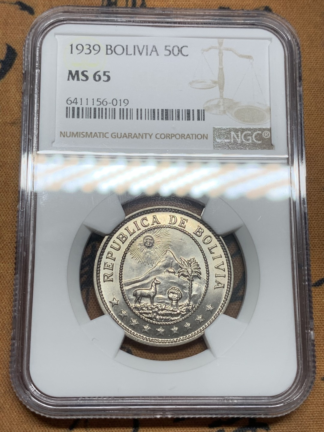 《竞宝斋》第85场-本周日，周一2场连拍（全场不限金额包邮） NGC-MS65 玻利维亚 1939年 50分 镍币