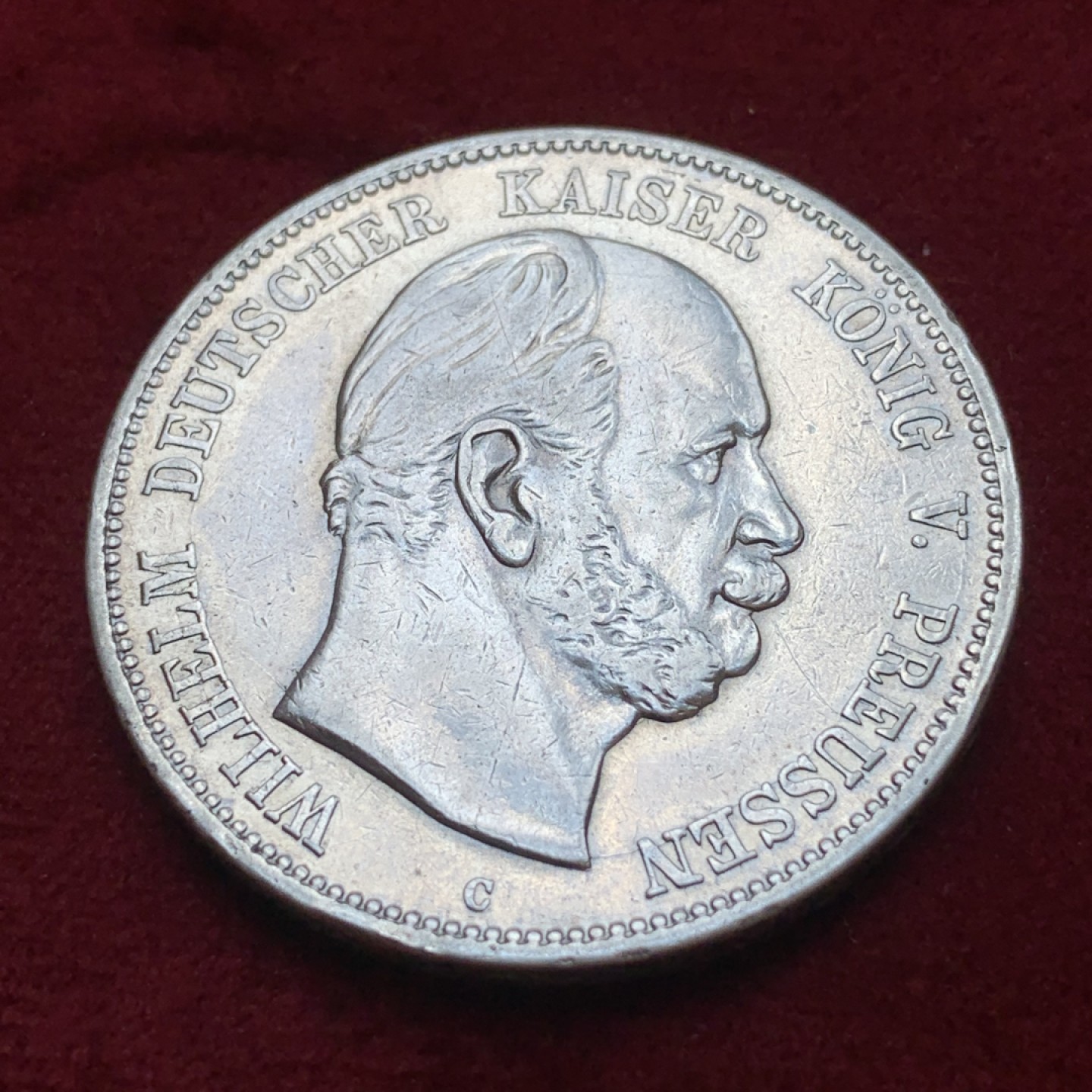 《竞宝斋》第85场-本周日，周一2场连拍（全场不限金额包邮） 德国 1876年 普鲁士威廉一世5马克银币 C法兰克福厂 C厂那枚少见书价高 细节清晰