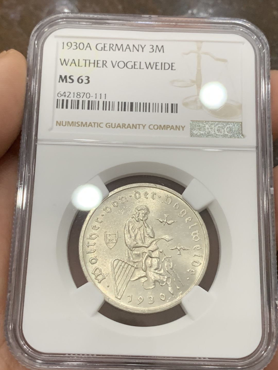 《竞宝斋》第85场-本周日，周一2场连拍（全场不限金额包邮） NGC-MS63 魏玛德国1930年游吟诗人3马克纪念银币