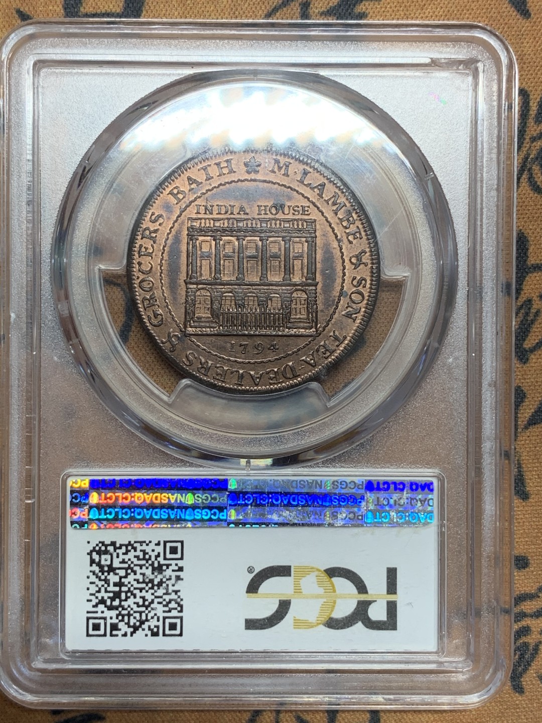 《竞宝斋》第85场-本周日，周一2场连拍（全场不限金额包邮） PCGS-MS64RB 1794 英国萨默塞特郡.巴斯1便士代币   金红棕色包浆