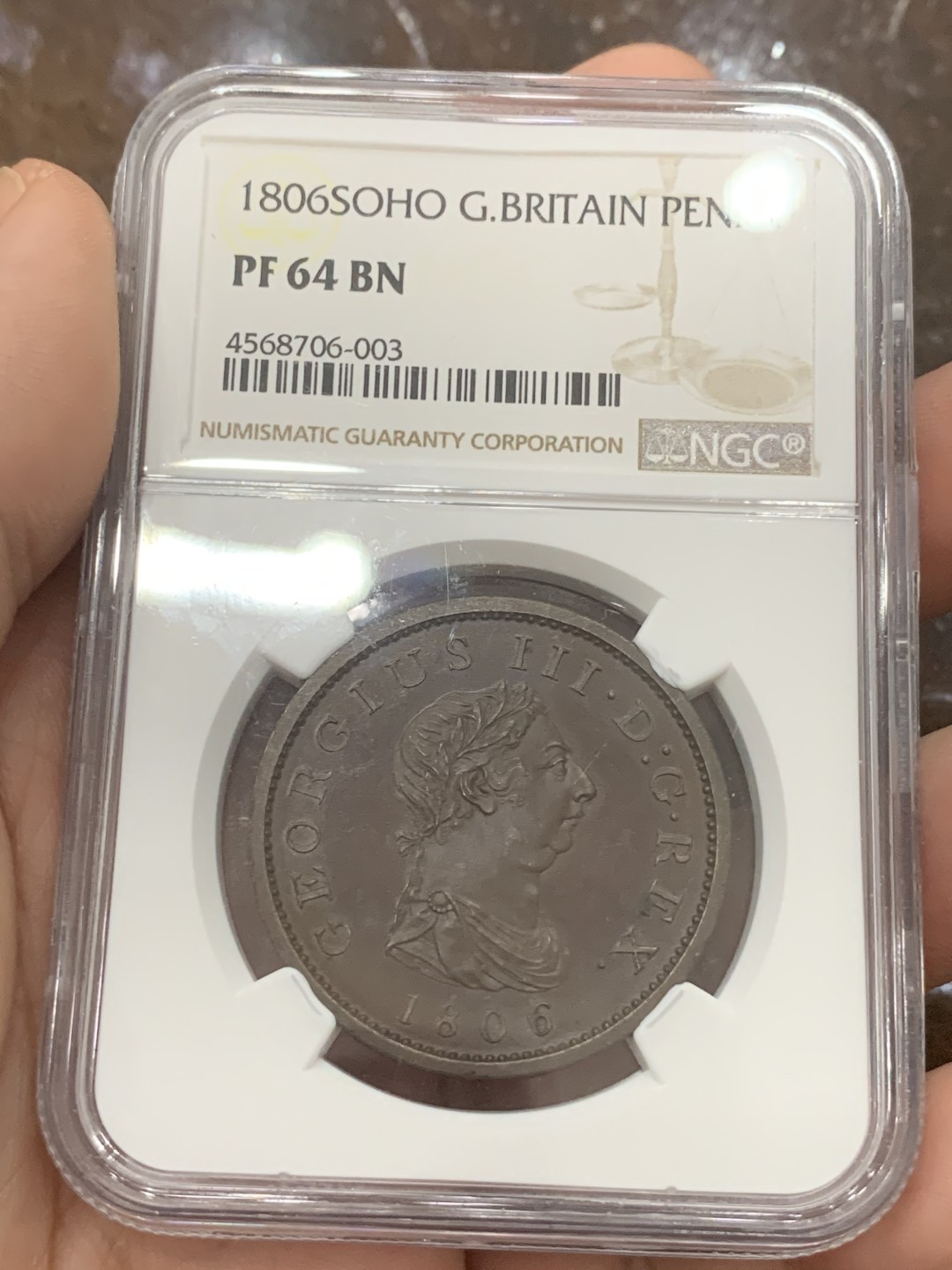 《竞宝斋》第85场-本周日，周一2场连拍（全场不限金额包邮） NGC-PF64 英国 1806年 精制乔三便士 棕色包浆 顶级状态