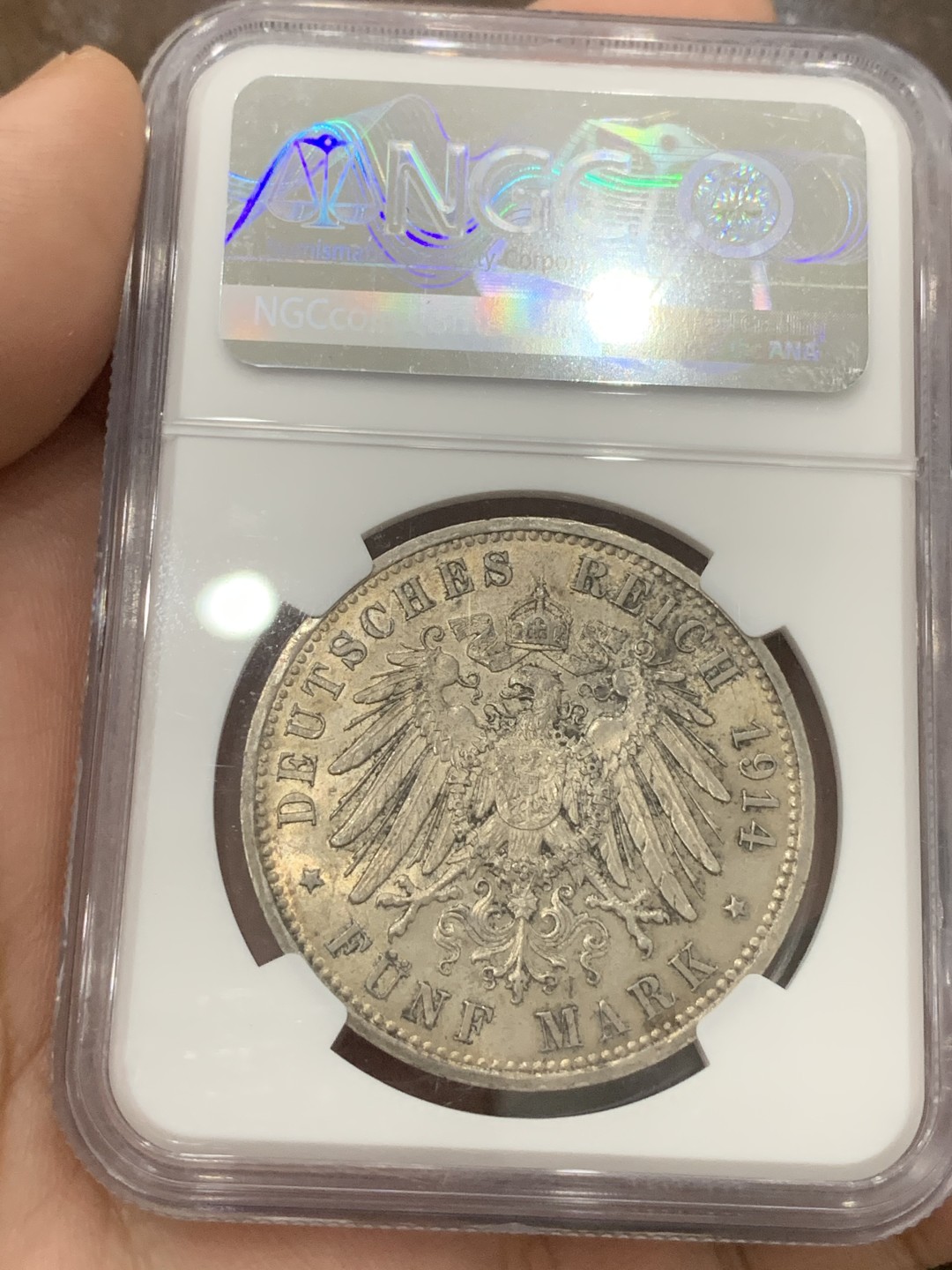 《竞宝斋》第85场-本周日，周一2场连拍（全场不限金额包邮） NGC MS62 德国普鲁士1914年威廉二世军装5马克大银币