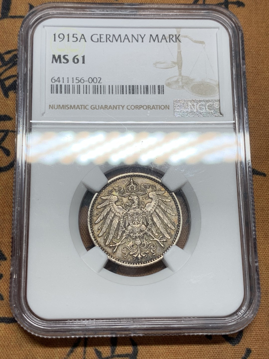 《竞宝斋》第85场-本周日，周一2场连拍（全场不限金额包邮） NGC-MS61 德国 1915年A版 1马克 长翅鹰 银币 重五彩包浆 喜欢包浆厚的不要错过