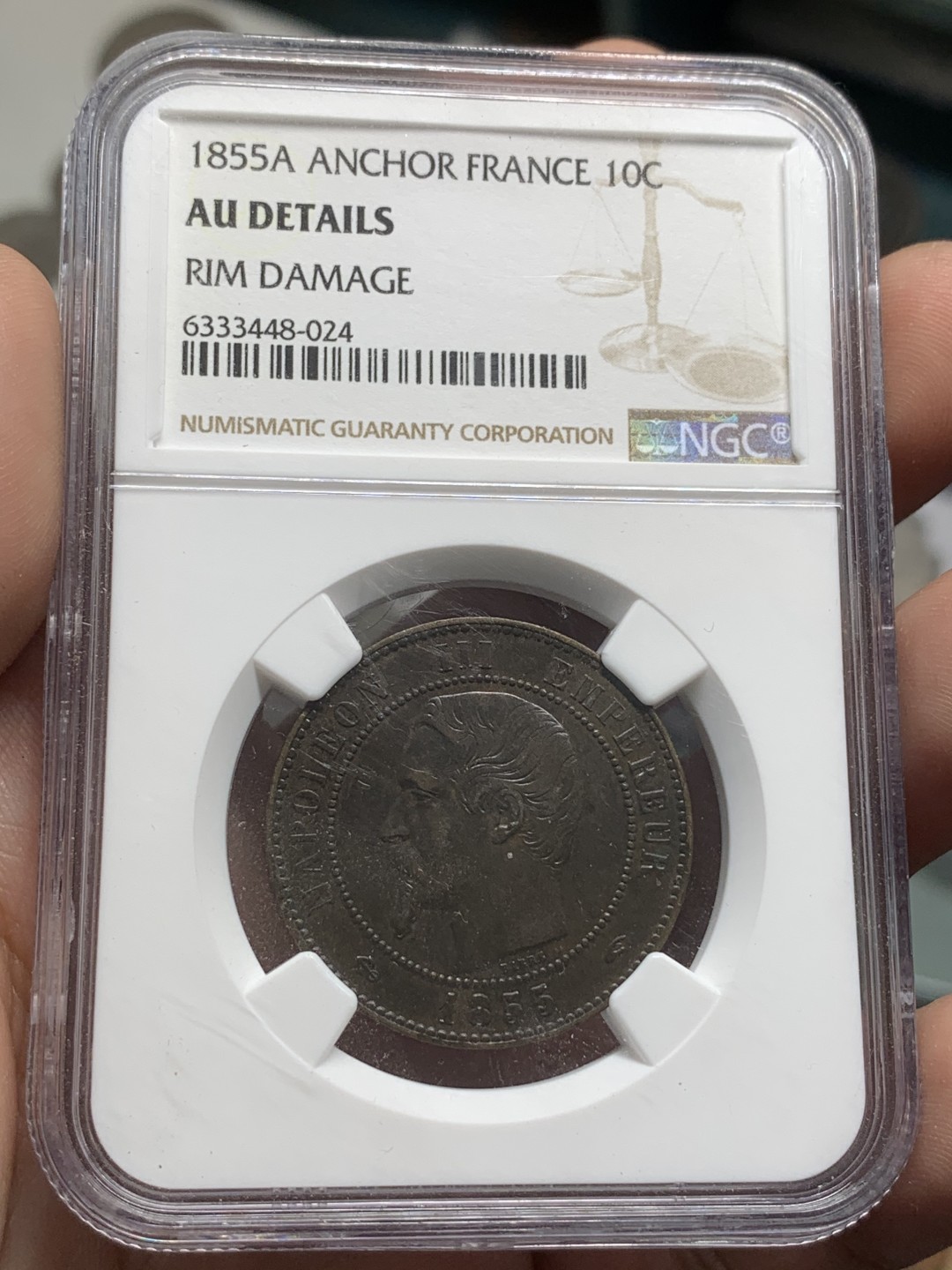 《竞宝斋》第85场-本周日，周一2场连拍（全场不限金额包邮） NGC-AUD  法国 1855年A 拿破仑三世 10分铜币 古铜色原味老包浆