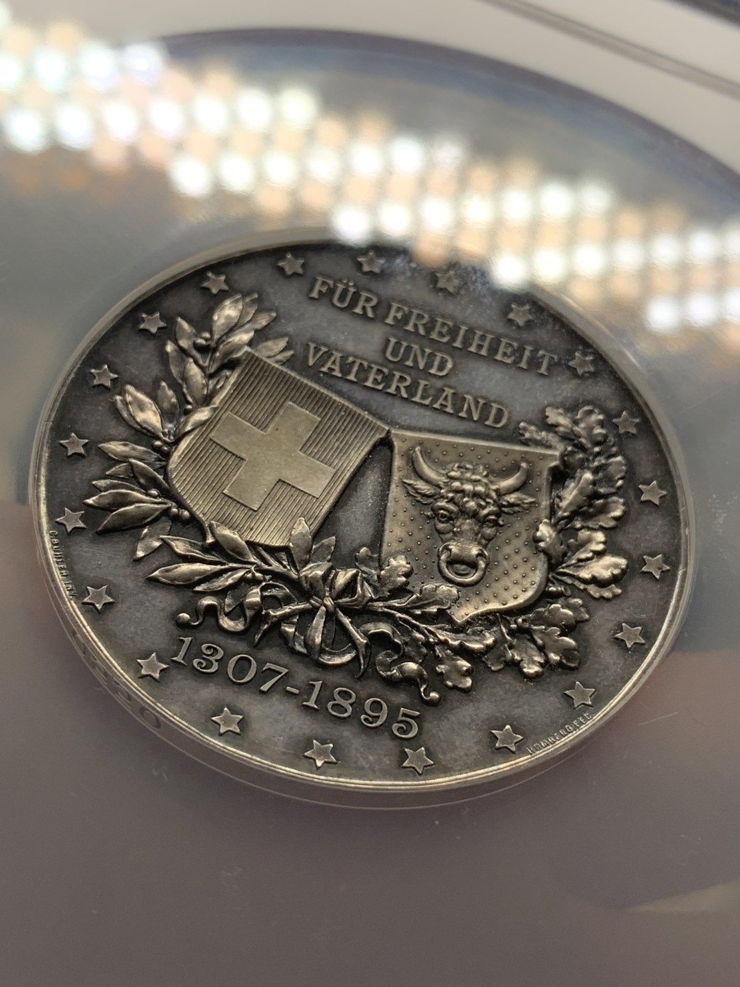 《竞宝斋》第85场-本周日，周一2场连拍（全场不限金额包邮） NGC-MS62 瑞士 1895年 大型银章 纪念英雄威廉和他的儿子