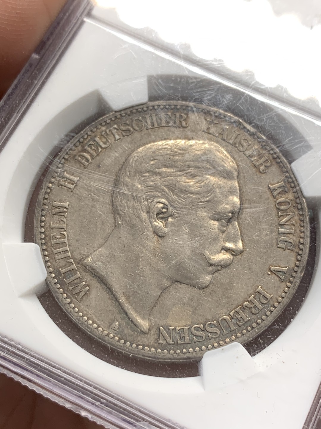 《竞宝斋》第85场-本周日，周一2场连拍（全场不限金额包邮） NGC-AUD  德国普鲁士 1907年A 威廉二世 5马克银币  