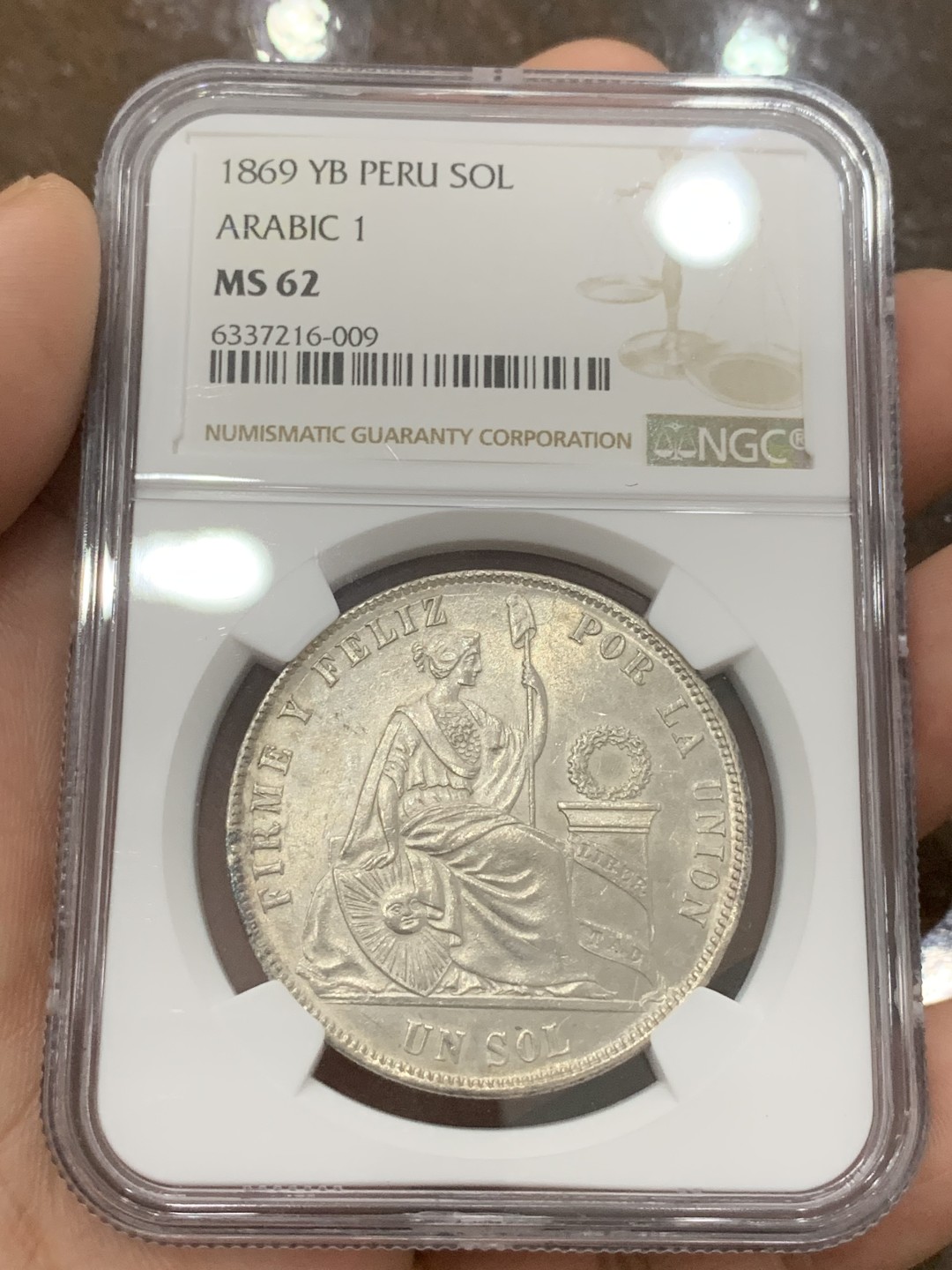 《竞宝斋》第85场-本周日，周一2场连拍（全场不限金额包邮） NGC MS62 秘鲁1869年坐人女神1SOL大银币阿拉伯1字版