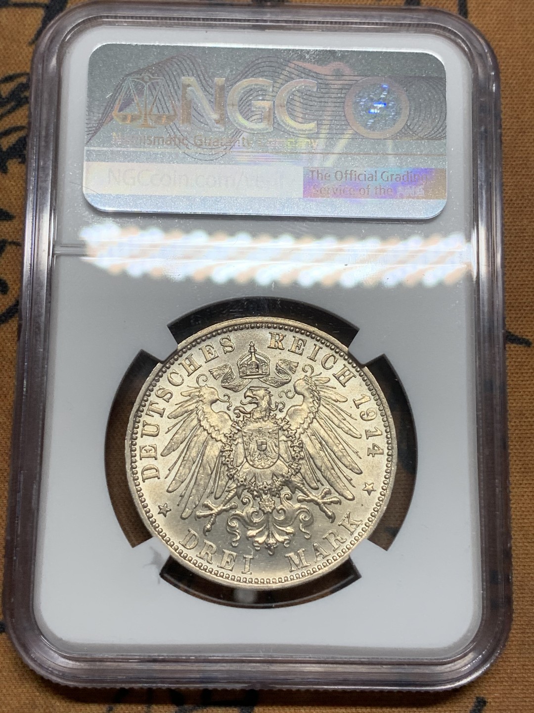 《竞宝斋》第85场-本周日，周一2场连拍（全场不限金额包邮） NGC-MS63 德国巴伐利亚1914年路德维希三世3马克银币 少见品种