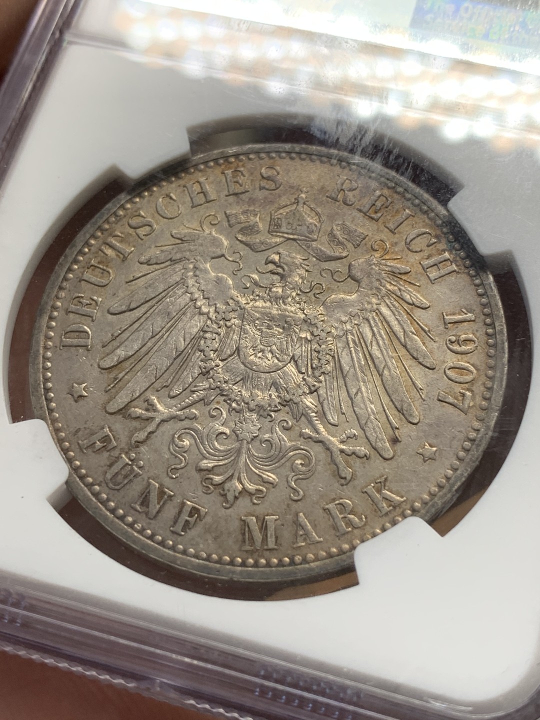 《竞宝斋》第85场-本周日，周一2场连拍（全场不限金额包邮） NGC-AUD  德国普鲁士 1907年A 威廉二世 5马克银币  