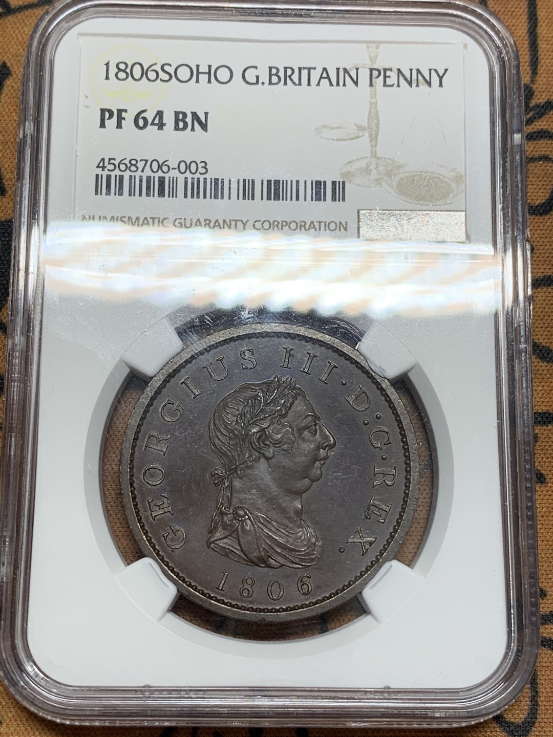 《竞宝斋》第85场-本周日，周一2场连拍（全场不限金额包邮） NGC-PF64 英国 1806年 精制乔三便士 棕色包浆 顶级状态