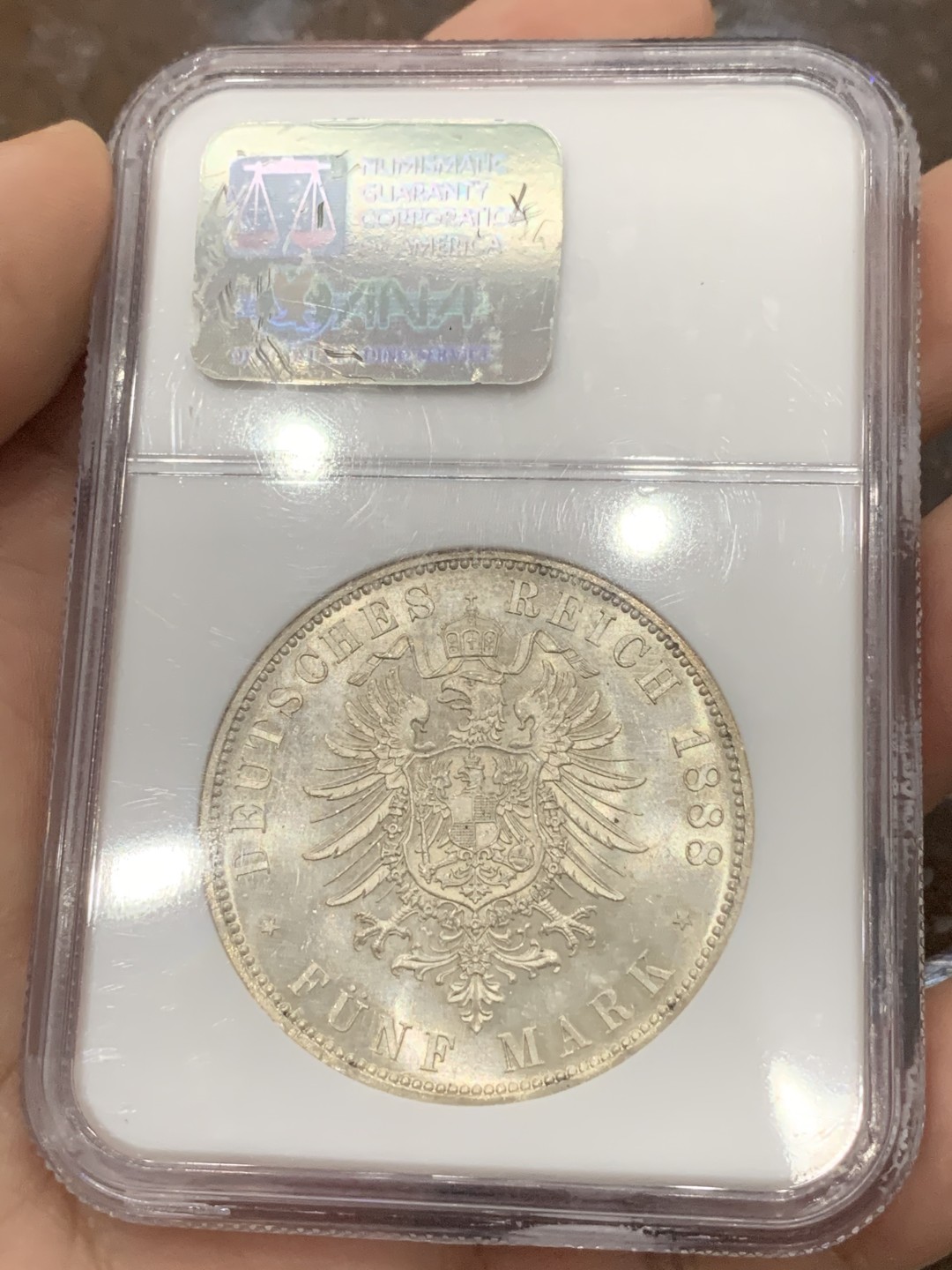 《竞宝斋》第85场-本周日，周一2场连拍（全场不限金额包邮） NGC MS63 德国 1888年 普鲁士 马克弗里德里希三世 三皇5马克银币 N老盒 状态非常好