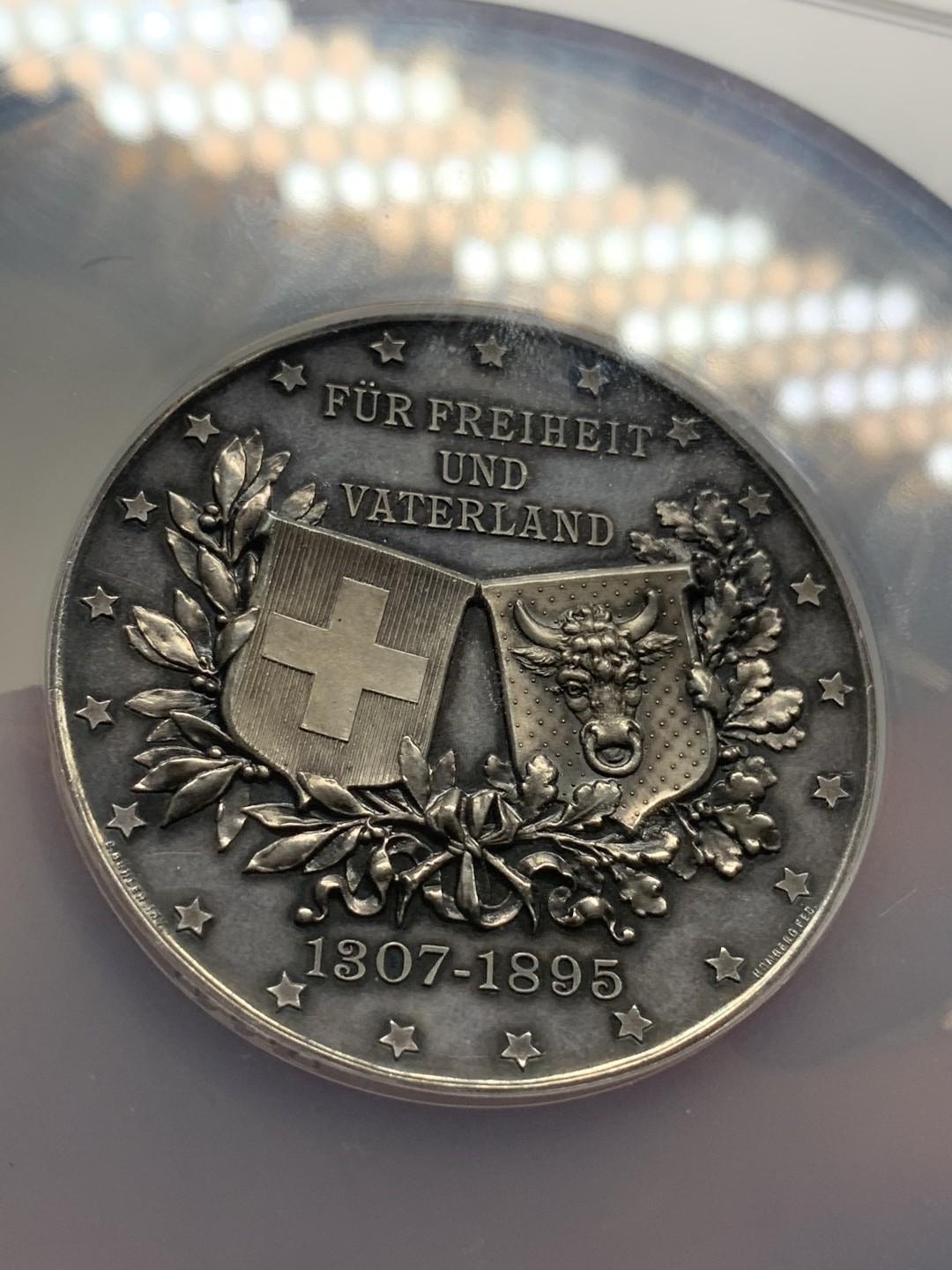 《竞宝斋》第85场-本周日，周一2场连拍（全场不限金额包邮） NGC-MS62 瑞士 1895年 大型银章 纪念英雄威廉和他的儿子