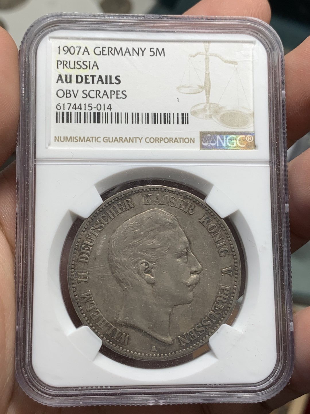 《竞宝斋》第85场-本周日，周一2场连拍（全场不限金额包邮） NGC-AUD  德国普鲁士 1907年A 威廉二世 5马克银币  