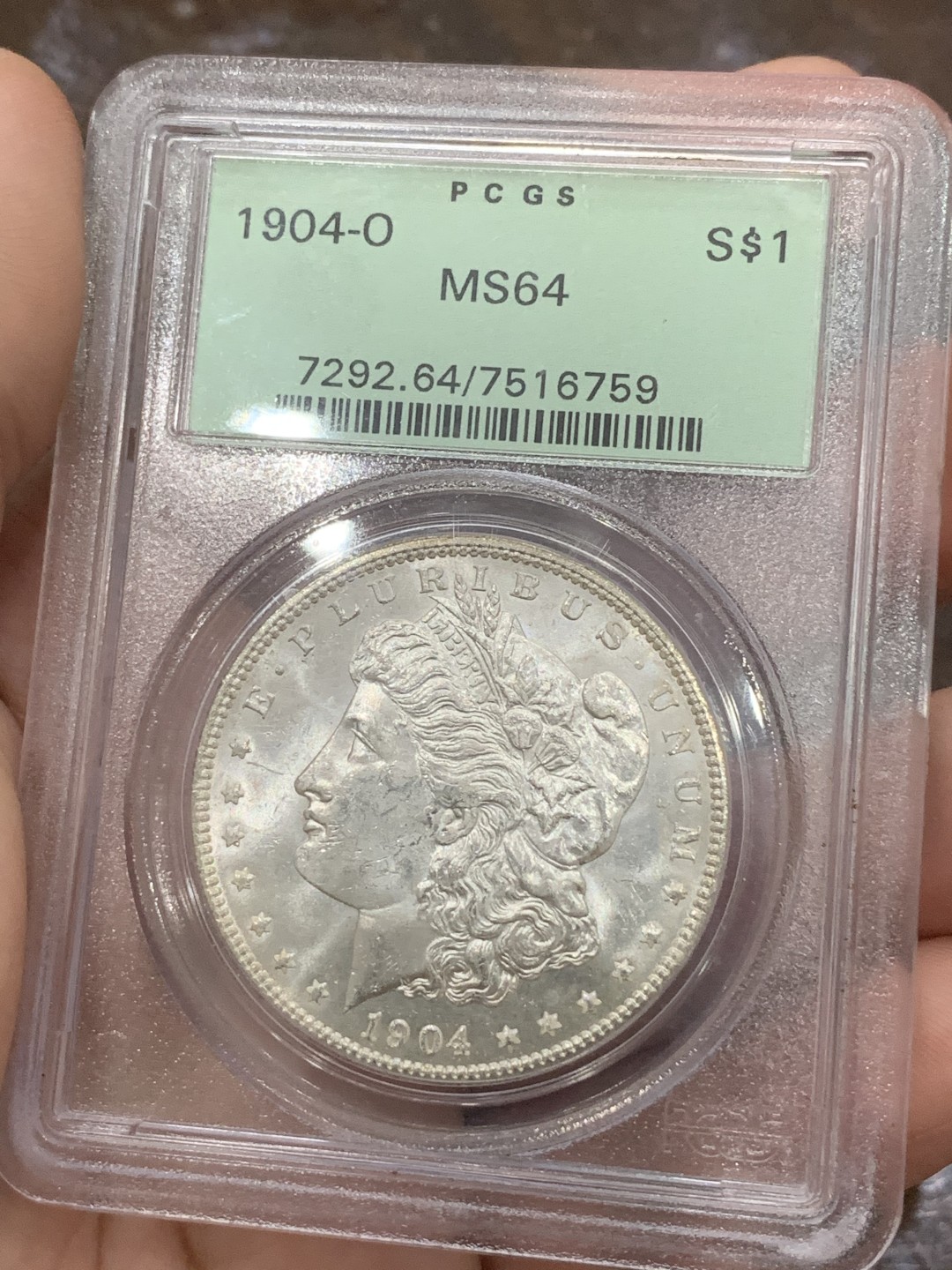《竞宝斋》第85场-本周日，周一2场连拍（全场不限金额包邮） PCGS MS64 老盒绿标 美国 1904年 O版摩根银币  转光强品相，经典绿盒
