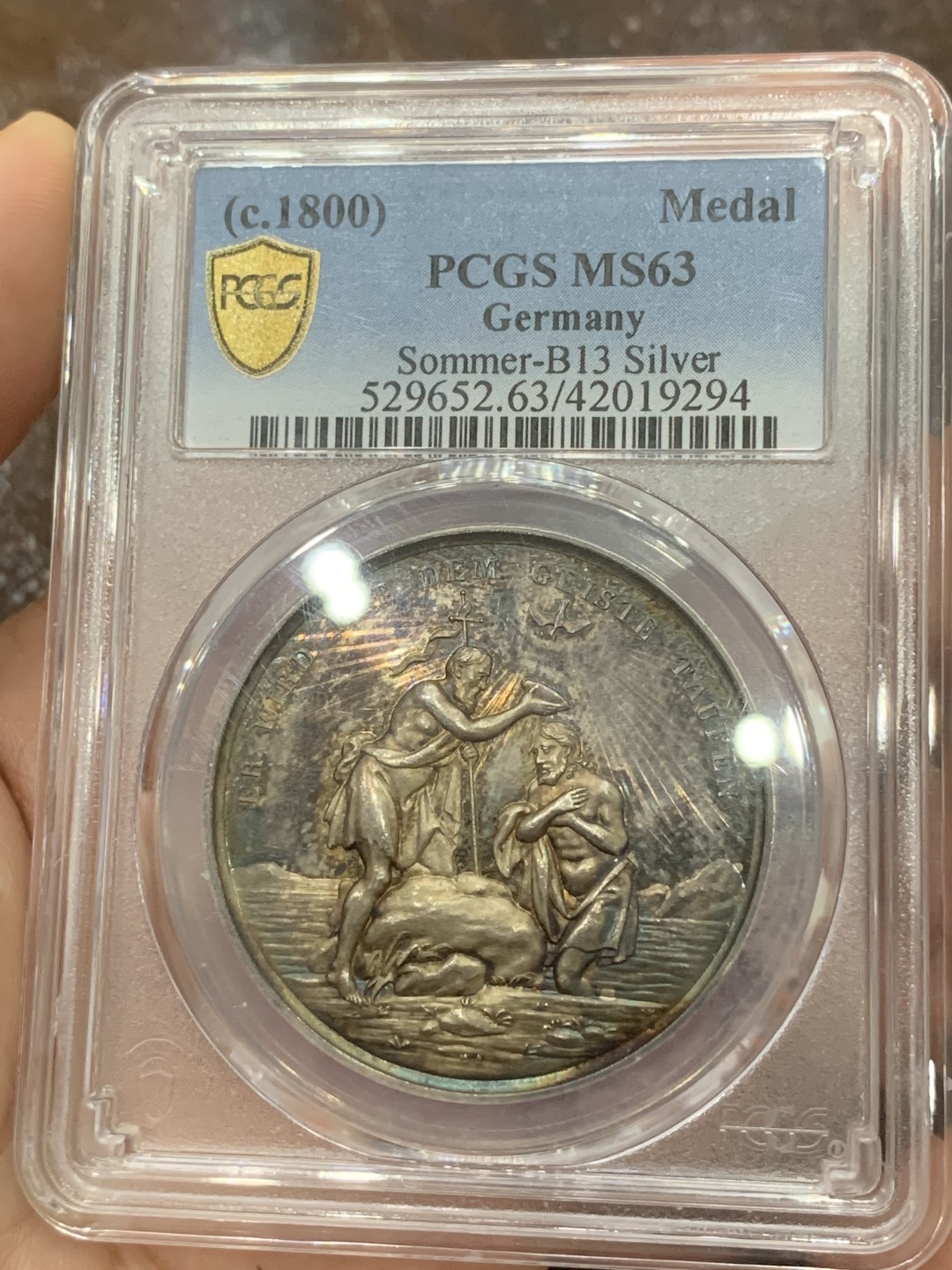《竞宝斋》第85场-本周日，周一2场连拍（全场不限金额包邮） PCGS MS63 德国 普鲁士 1800年左右 洗礼 银章 少见品种