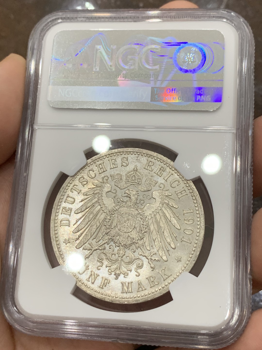 《竞宝斋》第85场-本周日，周一2场连拍（全场不限金额包邮） NGC-MS62 德国普鲁士1901年建国200周年纪念5马克大银币