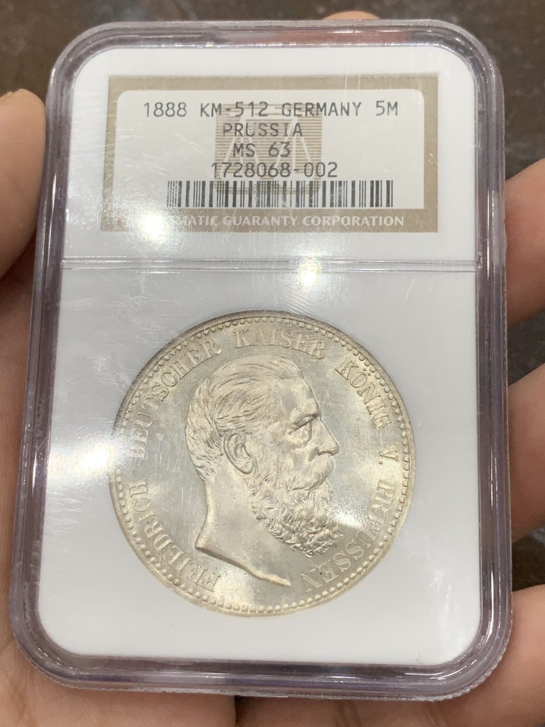 《竞宝斋》第85场-本周日，周一2场连拍（全场不限金额包邮） NGC MS63 德国 1888年 普鲁士 马克弗里德里希三世 三皇5马克银币 N老盒 状态非常好