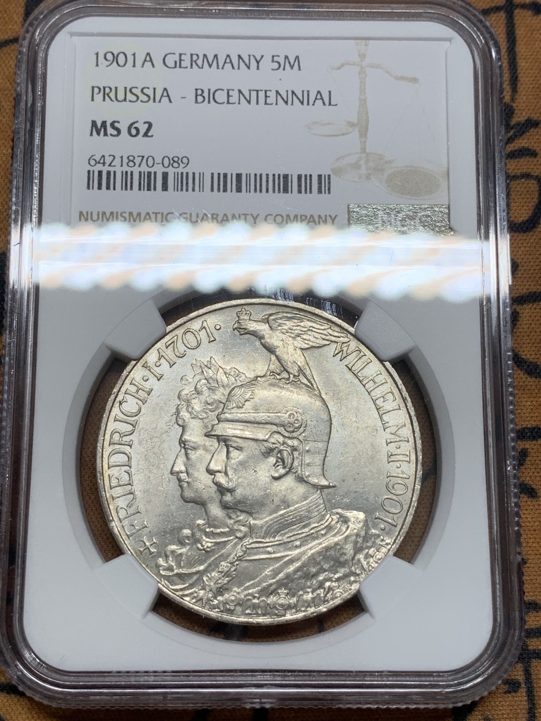 《竞宝斋》第85场-本周日，周一2场连拍（全场不限金额包邮） NGC-MS62 德国普鲁士1901年建国200周年纪念5马克大银币