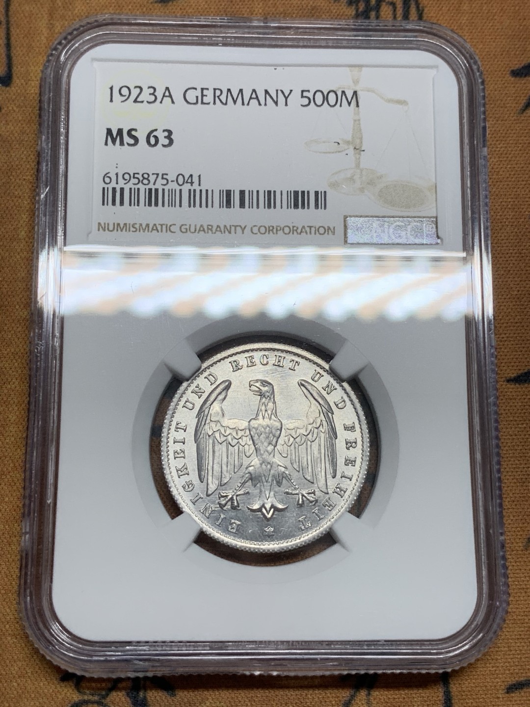 《竞宝斋》第85场-本周日，周一2场连拍（全场不限金额包邮） NGC-MS63  德国 1923年A 500马克