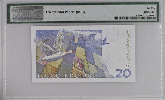 收藏联盟Quantum Auction 第185期拍卖 瑞典1995年20克朗 PMG65 尼尔斯骑鹅旅行记 较早版本颜色鲜艳