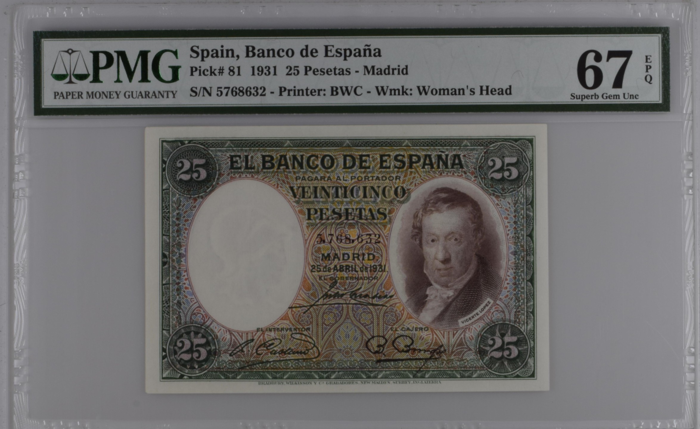 收藏联盟Quantum Auction 第185期拍卖 西班牙1931年25比塞塔 PMG67 小天使