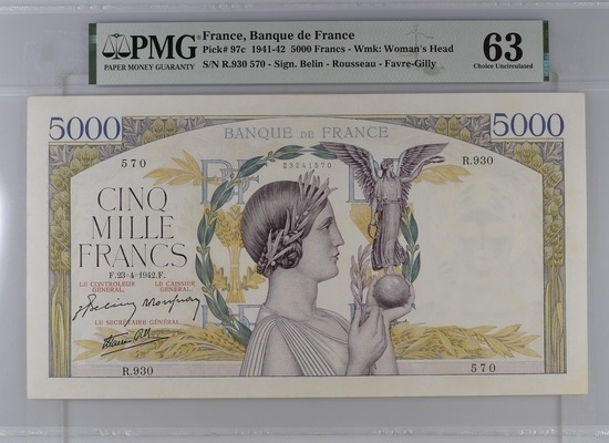 收藏联盟Quantum Auction 第185期拍卖 法国1942年5000法郎 PMG63 评级数较初版少 胜利女神 名家旧藏