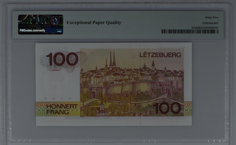 收藏联盟Quantum Auction 第185期拍卖 卢森堡大公国1980年100法郎 PMG65 初版 豹子号888开头