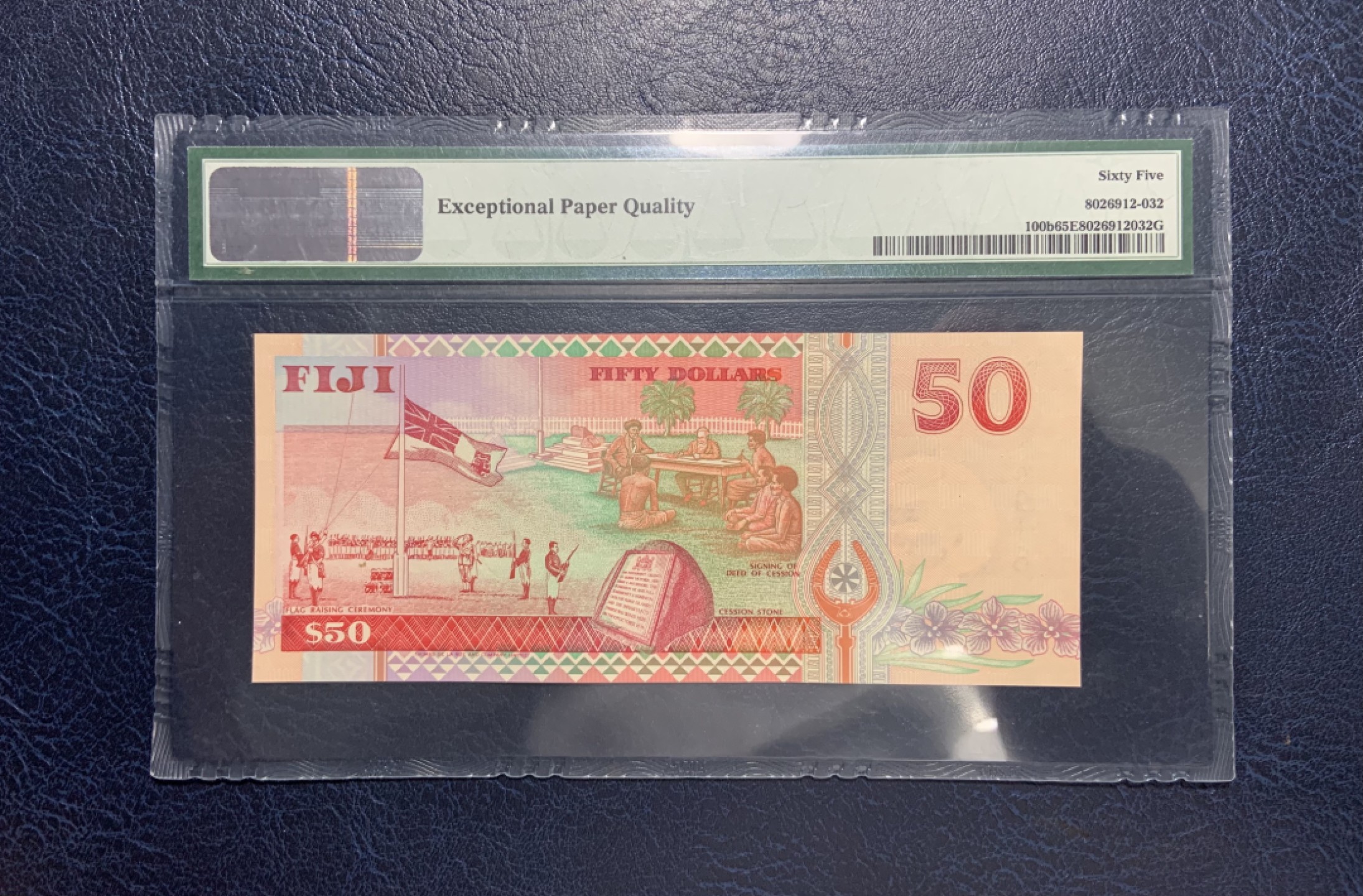 收藏联盟Quantum Auction 第185期拍卖 斐济1996年50元 PMG65 早期纸质钞 尾号918就要发 背面为土著进行地契转身场景