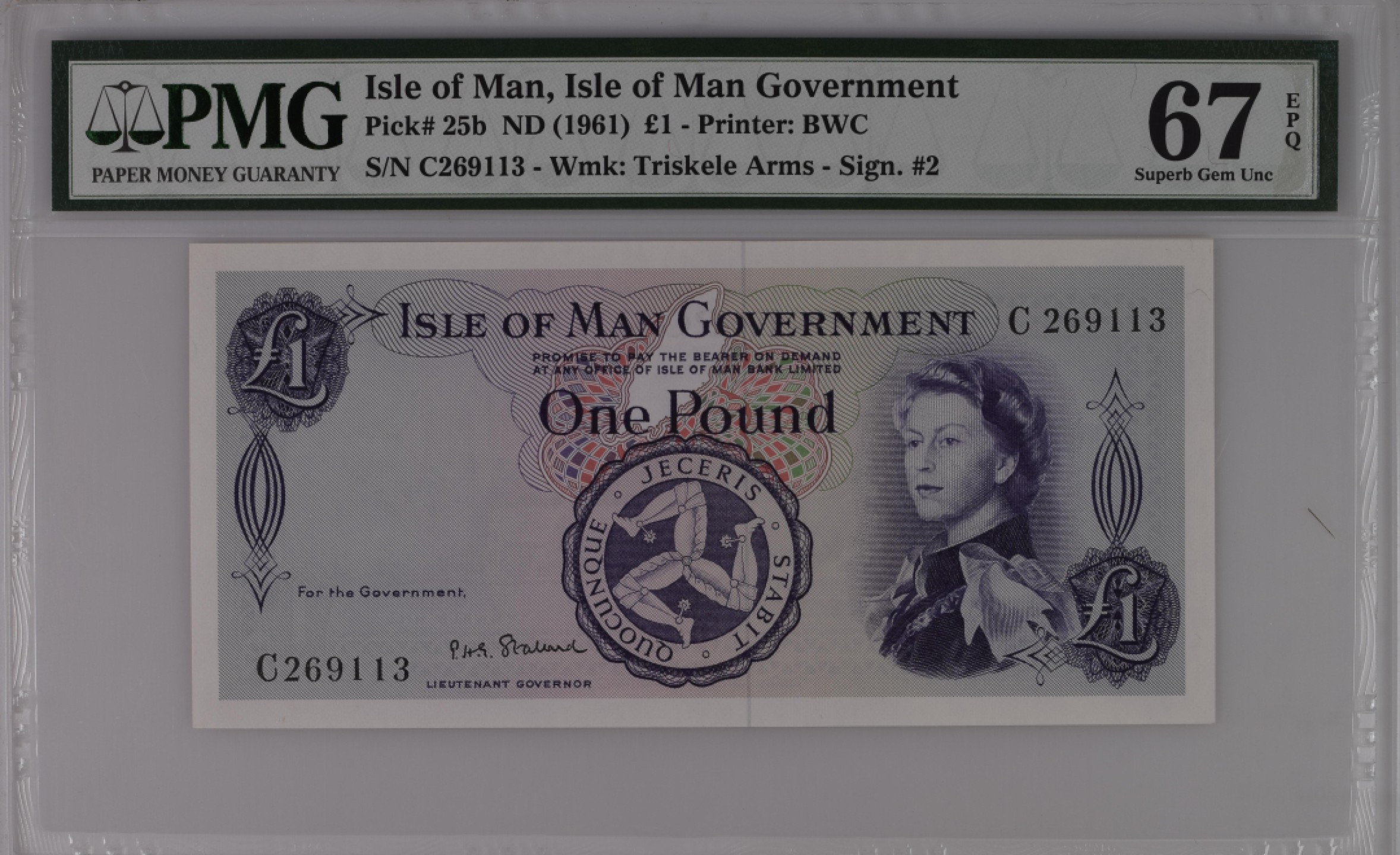 收藏联盟Quantum Auction 第185期拍卖 马恩岛961年1镑 PMG67 稀少冠军分 戎装女王