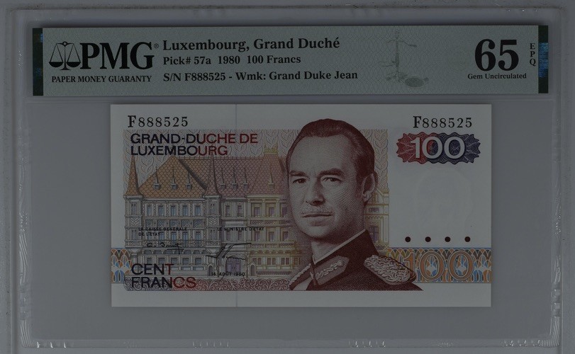 收藏联盟Quantum Auction 第185期拍卖 卢森堡大公国1980年100法郎 PMG65 初版 豹子号888开头