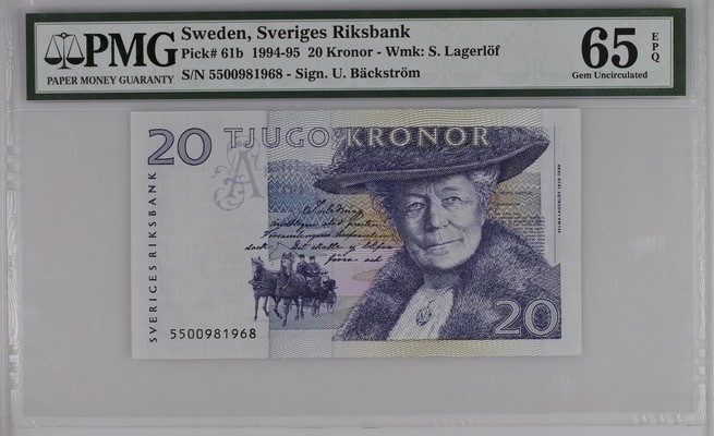 收藏联盟Quantum Auction 第185期拍卖 瑞典1995年20克朗 PMG65 尼尔斯骑鹅旅行记 较早版本颜色鲜艳