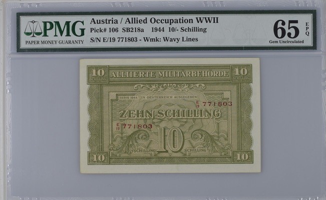 收藏联盟Quantum Auction 第185期拍卖 奥地利1944年10先令 PMG65 二战敌占时期