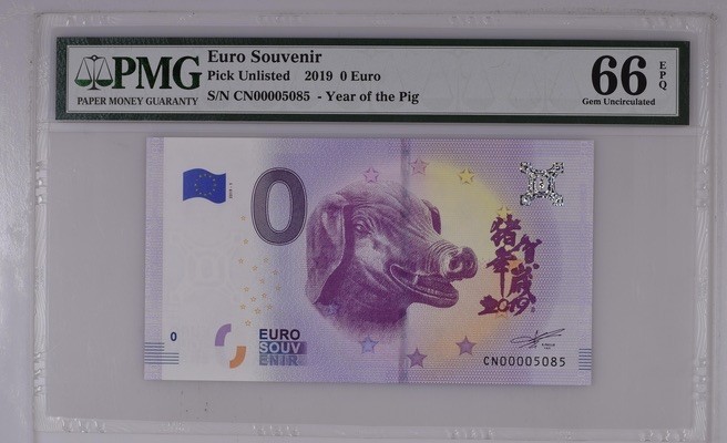 收藏联盟Quantum Auction 第185期拍卖 欧盟0元猪年纪念钞 PMG66 背面为欧洲各国著名景点