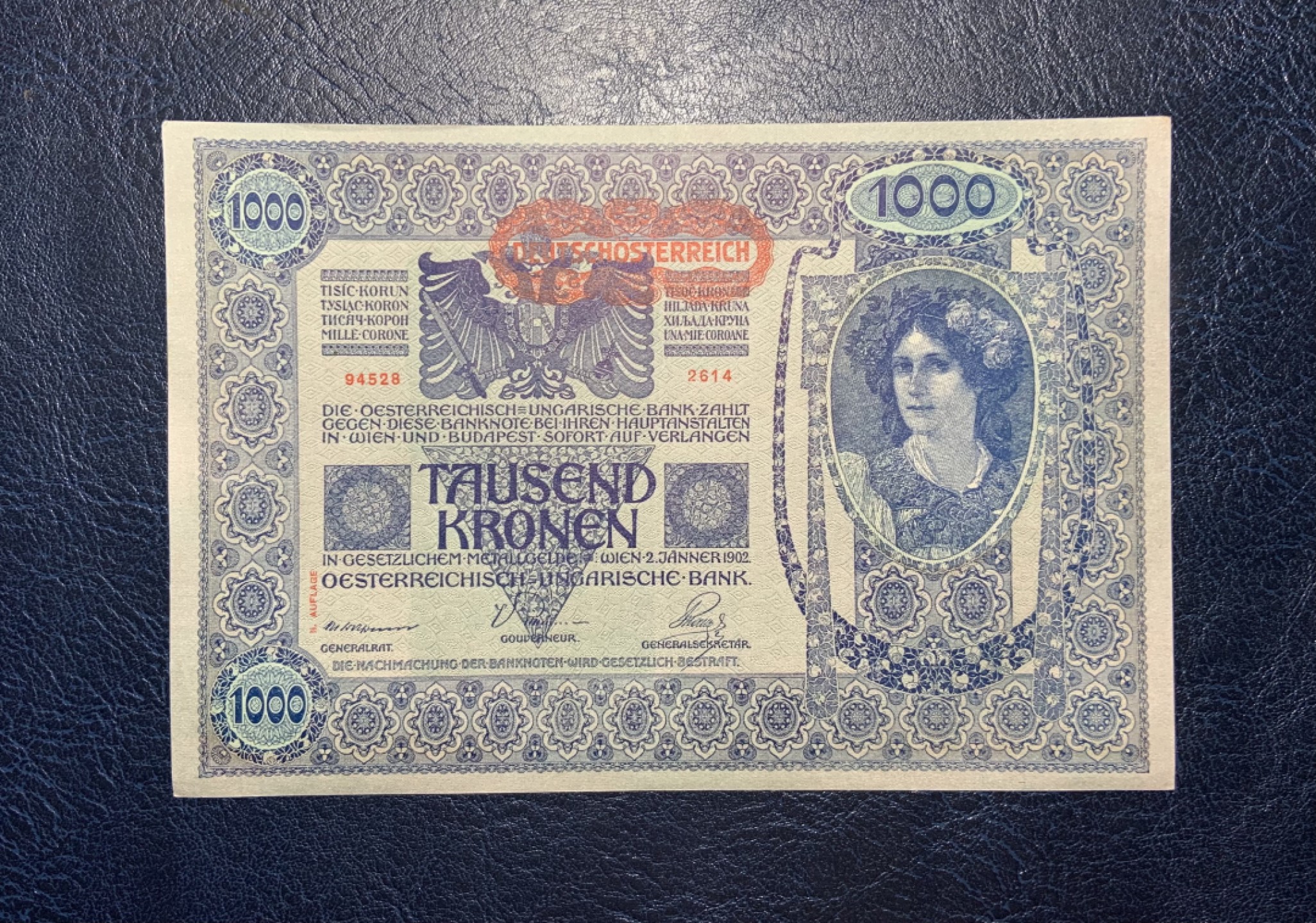 收藏联盟Quantum Auction 第185期拍卖 奥地利1902年1000克朗 品相全新UNC 边缘微瑕 超级大票幅