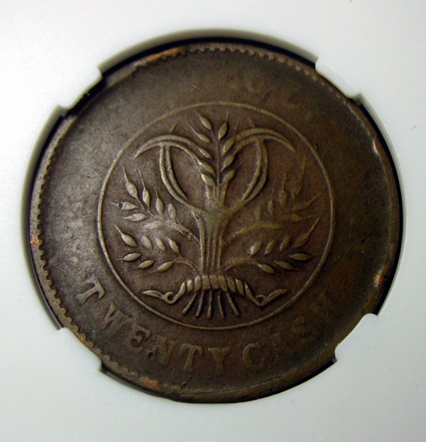 双旗铜币湖南省造二十文1912,约32×32mm,9.9g，自打标签盒子R1040bx8x