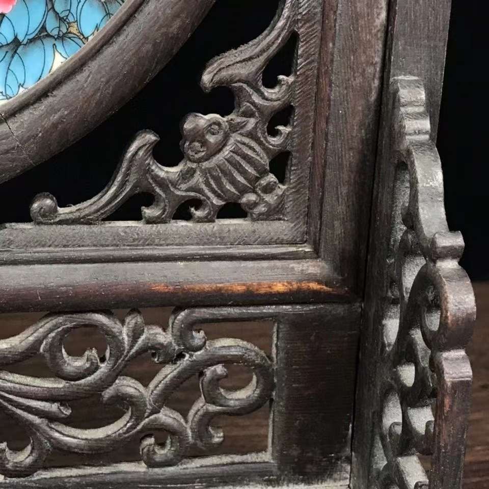 民国时期鸡翅木手绘瓷板旋转插屏，双面瓷板，画工精细，做工精美，品相一流