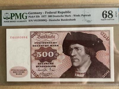 【Blue Auction】✨世界纸币精拍第215期【精】——冠军大副 - 【冠军分超高分无47罕见】德国 1977年500马克 经典大副 PMG68EPQ 雕刻细致 西欧顶级藏品 珍品勿错过 