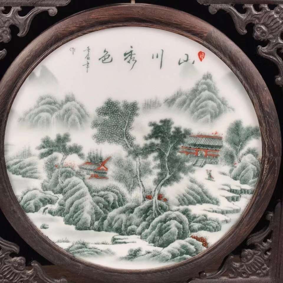民国时期鸡翅木手绘瓷板旋转插屏，双面瓷板，画工精细，做工精美，品相一流