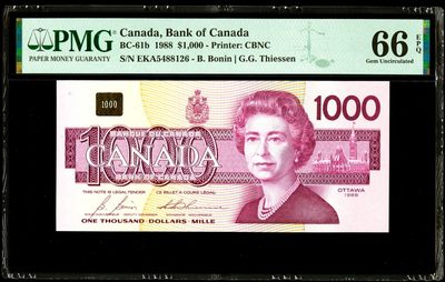 【Blue Auction】✨世界纸币精拍第215期【精】——冠军大副 - 【亚军分】加拿大 1988年1000元 PMG66EPQ 最高值 女王 精美 松蜡嘴鸟