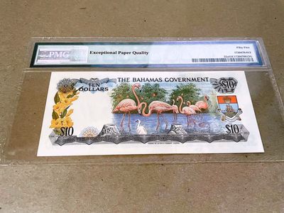 【Blue Auction】✨世界纸币精拍第215期【精】——冠军大副 - 【初版】巴哈马彩背 1965年10元 p22a PMG55EPQ 原票 火烈鸟 女王纸币