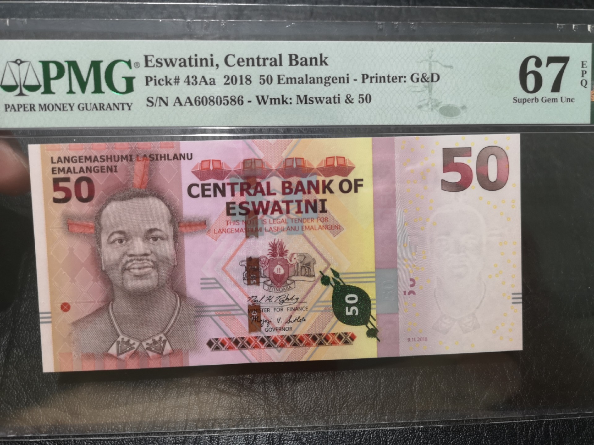 《外钞收藏家》第一百九十六期 2018年斯威士兰50 PMG67 AA冠 无47