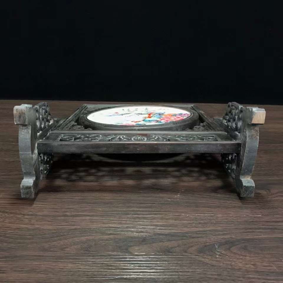 民国时期鸡翅木手绘瓷板旋转插屏，双面瓷板，画工精细，做工精美，品相一流