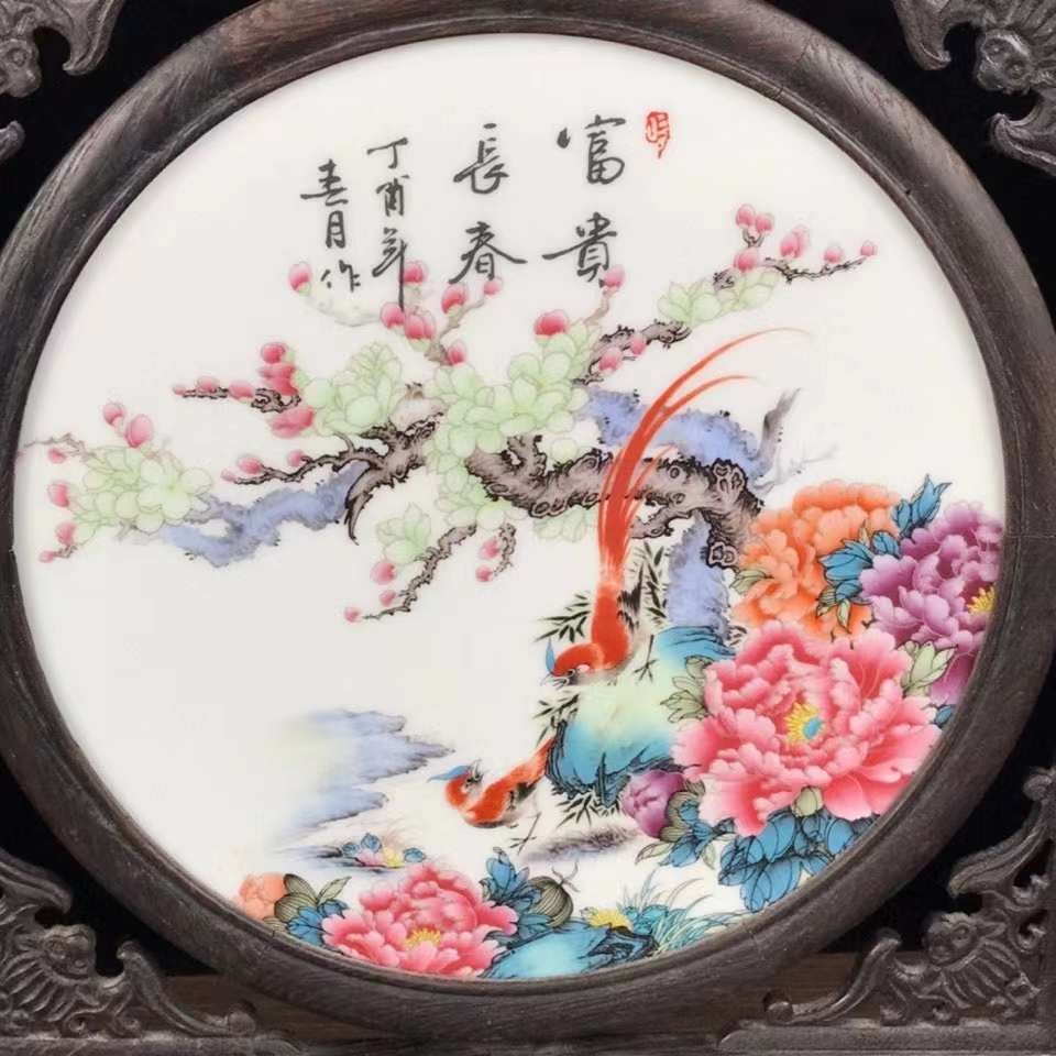 民国时期鸡翅木手绘瓷板旋转插屏，双面瓷板，画工精细，做工精美，品相一流