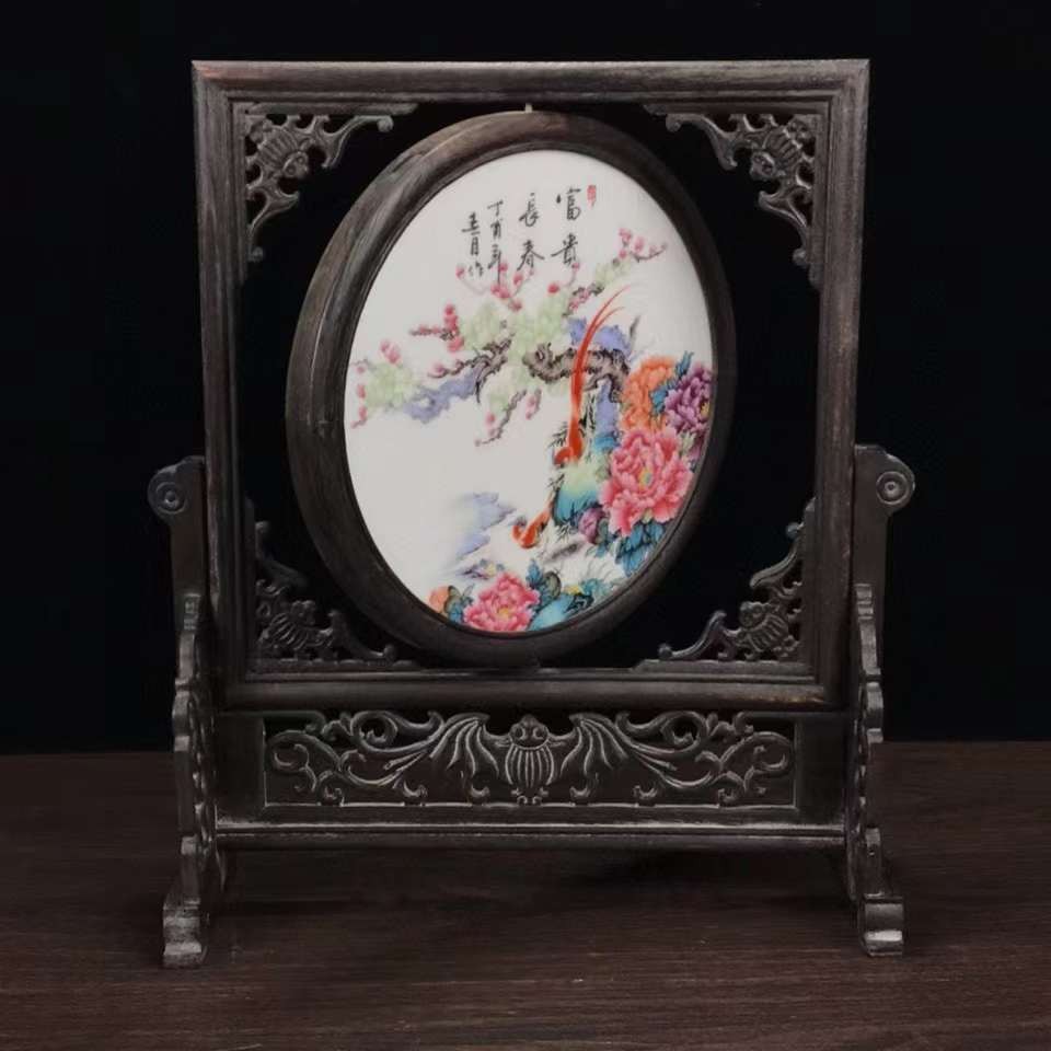 民国时期鸡翅木手绘瓷板旋转插屏，双面瓷板，画工精细，做工精美，品相一流
